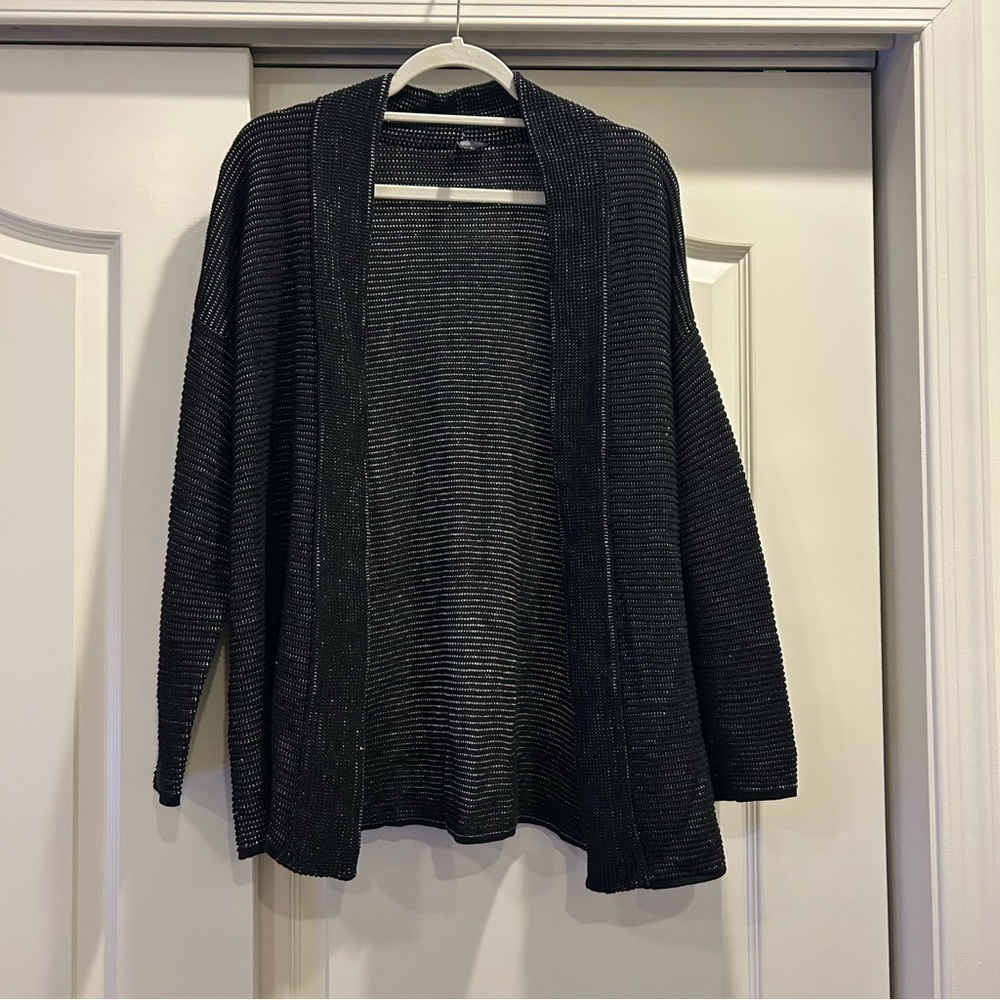 Eileen Fisher black silk organic linen cotton kimono open cardigan - Picture 2 of 6